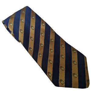Portia Tie Sweden Navy Gold Striped Crest Motif Classic Style Traditional Prepoy - Picture 1 of 6