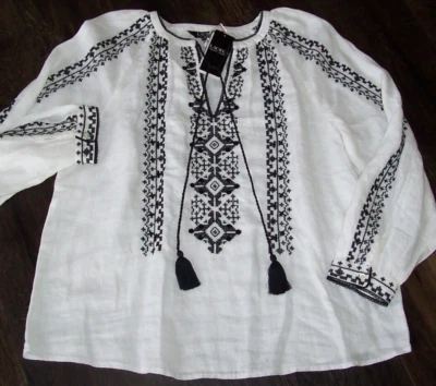 NUEVO CON ETIQUETAS Ralph Lauren Blanco/Negro LINO Bordado/Cuentas BOHO Campesino Túnica Top L Foto 1 de 4