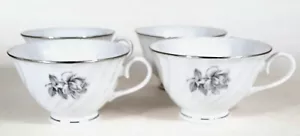 Set of 4 Royal Jackson Fine China "Spring Rose" Footed Tea Cups Platinum Trim - Picture 1 of 9