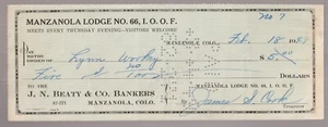 1949 used check - Manzanola Lodge No. 66, I.O.O.F. - Beaty & Co. Colorado - Picture 1 of 1