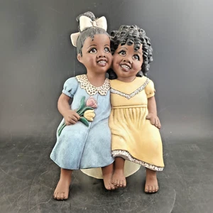 Ceramic Folk Art Shelf Sitter 2 Girls Friends On Bench African American 9.75" - Picture 1 of 8