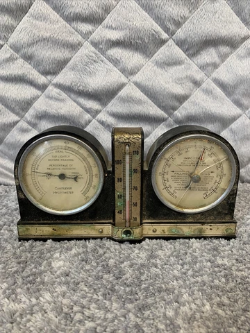 RARE VINTAGE  Cantilever Hygrometer Humidity Thermometer 1900s Brass Gold Glass Cover