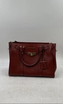 Michael Kors Womens Burgundy Leather Gold Hardware Double Handle Satchel Bag - Image 1 of 4
