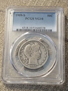 1909-S Silver Barber Half Dollar, PCGS VG10, Strong for the Grade - Picture 1 of 3
