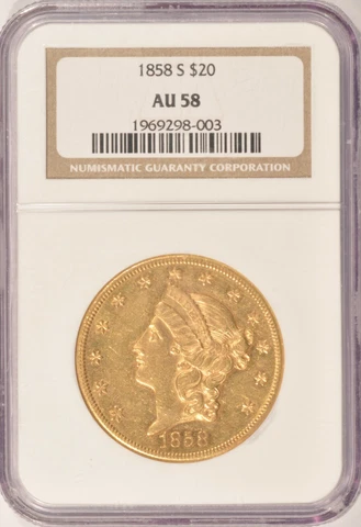 1858-S $20 Liberty Gold Double Eagle Coin NGC AU58 Type 1 Pre-1933 Gold Cover