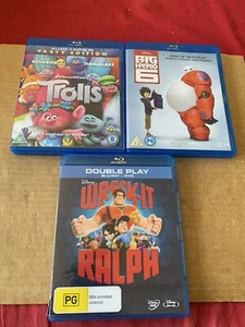 Disney Kids Blu Ray Bundle Big Hero 6, Wreck It Ralph & Trolls - Picture 1 of 3