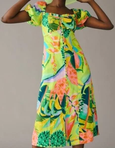 New Farm Rio x Anthropologie Printed Puff Sleeves Sm 4/6 Button Front Linen Midi - Picture 1 of 13