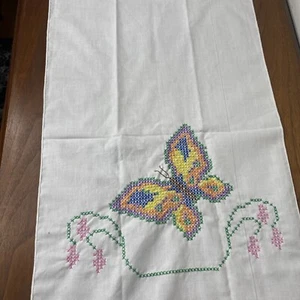 Vintage Cross Stitc Table Cloth Runner Butterflies Floral 42" Cottage Farmhouse - Picture 1 of 5