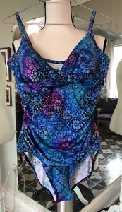 Miraclesuit Swimsuit 14 Blue Pink Ruched One Piece Swim Slimming Suit - Picture 1 of 12