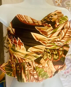 New! Zara Linen Blend Green Beige Black Smocked Ruffle Crop Tube Top Size Small - Picture 1 of 2