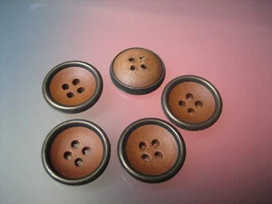 5x Lederknöpfe mit Metalleinfassung - Braun 19mm - Glattleder - 4-Loch - Picture 1 of 1