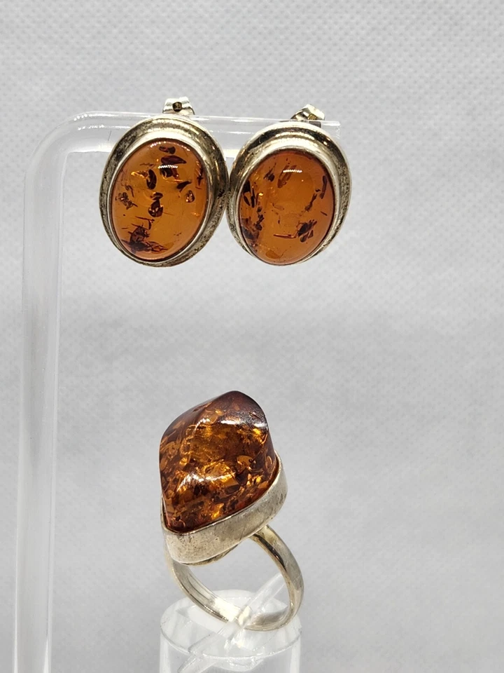 Juego de joyas aretes y anillo ámbar de plata de ley talla 7,5 Foto 1 de 4