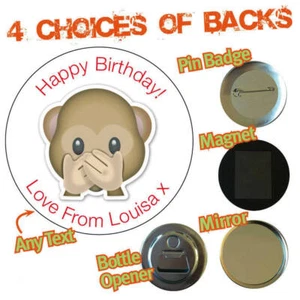Personalised Birthday Party Badge Fun Gift Thanks Magnet Mirror Monkey Emoji 659 - Picture 1 of 2