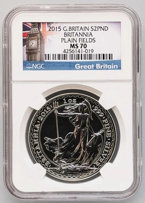 2015 £2 GREAT BRITAIN 1OZ SILVER NGC MS70 BRITANNIA Plain Smooth Fields - Image 1 of 2