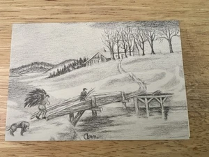 Tarjeta de dibujo a lápiz de artista de polio de colección Ann Adams felicitaciones navideñas Navidad - Imagen 1 de 4