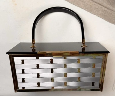 Black Lucite + Gold, Silver Full Size 8.5”long METAL WEAVE PURSE By Majestic A+ - Image 1 of 4