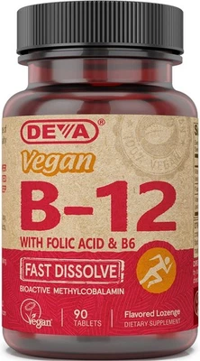 Deva Vegan B12 1000 mcg Lozenge with B6 and Folic Acid 90 Count Tablet - Изображение 1 из 4