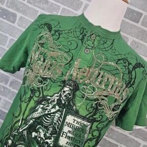 Y2K Modern Culture Gothic Skeleton Affliction Style Henley Tshirt Mens XL Green - Picture 1 of 10