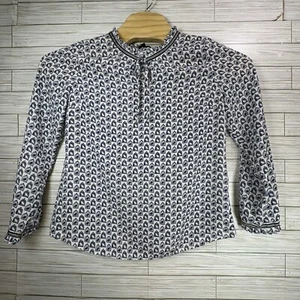 Talbots Women’s White Blue Bird Cage Print VNeck Blouse Top Size Med Polyester - Picture 1 of 8