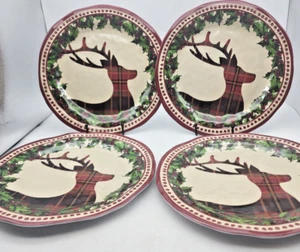 4er Set Karo Rentier Stechpalme & Nägel 11" Weihnachten Melamin Essteller Neu mit Etikett - Bild 1 von 9