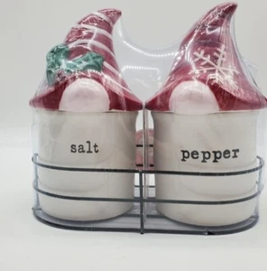 Peppermint & Pine Christmas Santa Hat Gnomes Salt & Pepper Cellars with Rack - Picture 1 of 4