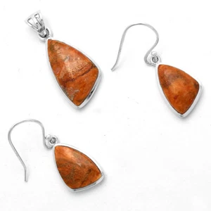 Red Sponge Coral 925 Silver Pendant Earrings Set | Handmade Boho Gift Jewelry - Picture 1 of 8