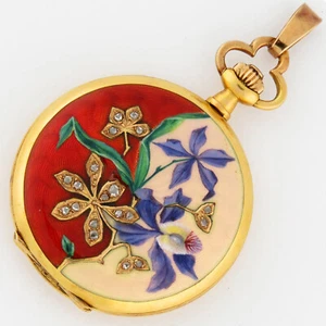 Reloj de bolsillo suizo de oro 14K HC esmalte flores y diamantes con cilindro colgante 30 mm - Imagen 1 de 8