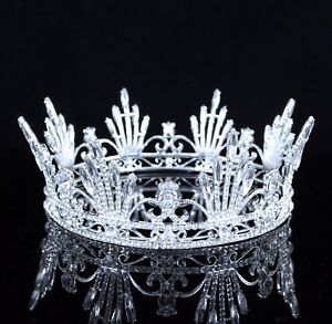 Pageant Queen Silver Austrian Rhinestone Tiara Crown Earrings Set Prom Wed T54s