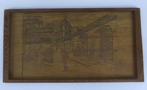 Vintage Redwood Serving Tray Wood Burned Mexican Fiesta Scene 14.5X8 SIGNED - Picture 1 of 4