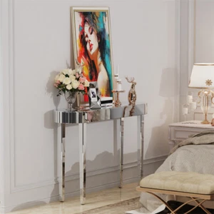 Modern Oval Console Table Mirrored Glam Silver Entryway Desk Living Room Hallway - Picture 1 of 12