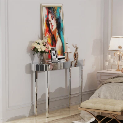 Modern Oval Console Table Mirrored Glam Silver Entryway Desk Living Room Hallway - Image 1 of 4