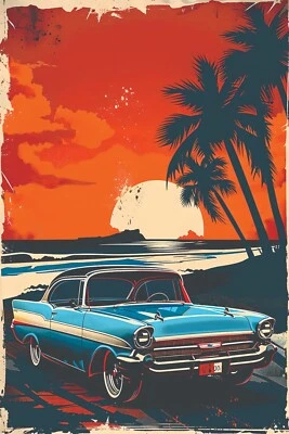 IMPRESIÓN EN LIENZO ARTE POP COCHE CLÁSICO EN PLAYA 16"X20" LISTO PARA COLGAR T102 Foto 1 de 4