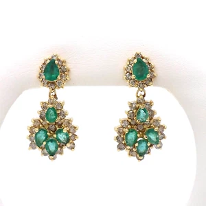 Solid Gold Natural Diamond Emerald Teardrop Dangle Earrings 13k-14k Vintage - Picture 1 of 9