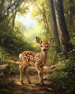 8x10 Matte Print Realistic Oil Painting of Baby Deer in Forest Clearing