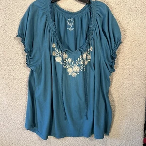 Sonoma Women’s Top Boho Size 3X Embroidered Short Sleeve Floral Blue - Picture 1 of 7
