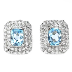 925 STERLING SILBER OHRRING NATÜRLICHER BLAUTOPAS EDELSTEIN & WEISSER CZ EDELSTEIN - Bild 1 von 8