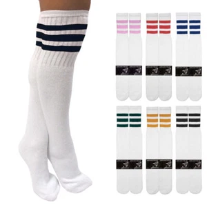 1 Pair Cotton 3 Stripe Knee High Tube Socks Old School 24" Soccer Sports 10-15 - Picture 1 of 5
