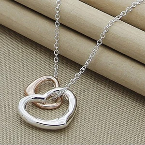 Elegante collar colgante de plata de ley 925 con acento de oro rosa con doble corazón cadena - Imagen 1 de 2