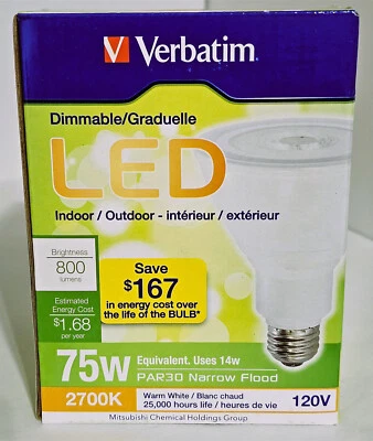 LED  VERBATIM Contour Series PAR30  Lamp, 800 lumens, 75W Replacement, Dimm - Image 1 of 4