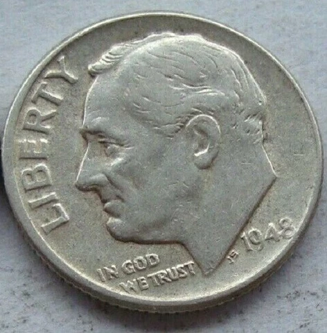 1948 P Roosevelt Dime 90% Silver 1948-P Very Good VG to Fine F Cover