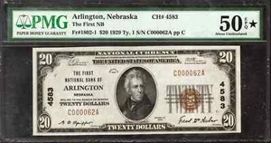 1929 $20 FIRST NATIONAL BANK NOTE CURRENCY ARLINGTON NEBRASKA PMG AU 50 EPQ STAR - Picture 1 of 2