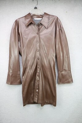 Zara Chocolate Brown Short Faux Leather Shirt Dress-Size Large - Image 1 of 4
