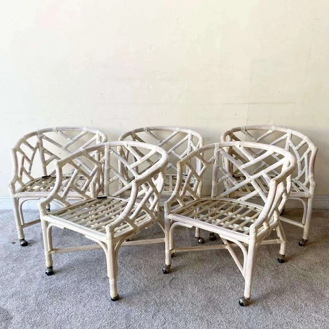 Vintage Boho Chic Bamboo Rattan Chippendale Dining Chairs by Henry Link Cover