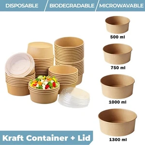 Disposable Round Kraft Paper Bowls Salad & Lids | Deli Takeaway Streetfood - Picture 1 of 18