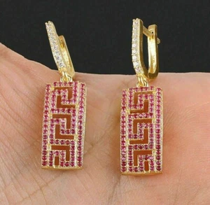 2 Karat runder Schnitt simulierte rosa Rubin Tropfen & Hängen Ohrringe 14K gelb vergoldet - Bild 1 von 5