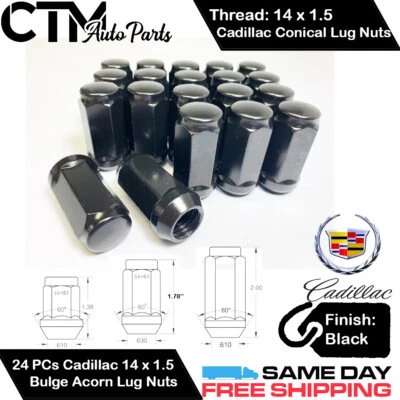24 PIEZAS TUERCAS DE RUEDA CADILLAC NEGRO 14X1,5 ASIENTO CÓNICO ABULTAMIENTO BELLOTA PARA CADILLAC Foto 1 de 2