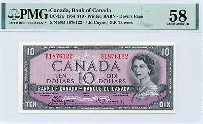 1954 $10 DEVIL'S FACE Bank of Canada BC-32a, Choice About UNC, PMG AU58 - Image 1 of 2