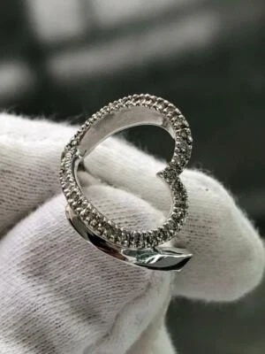 14k Oro Bianco Originale Diamante Taglio Rotondo Pavè Cuore Aperto Anello Design - Immagine 1 di 4