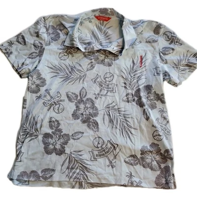 Camisa Hawaiana Para Hombres L Mango House Okinawa Azul con Flores Gris Playa Verano Diversión Foto 1 de 4