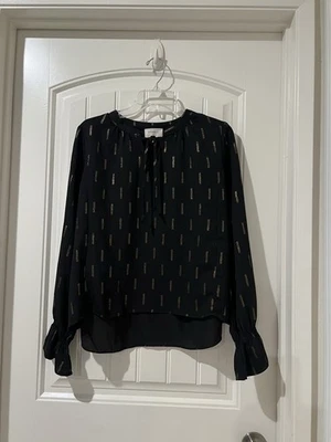 Everly Black And Gold Neck Ties Vertical Metallic Striped Long Sleeve Blouse M - Image 1 of 4